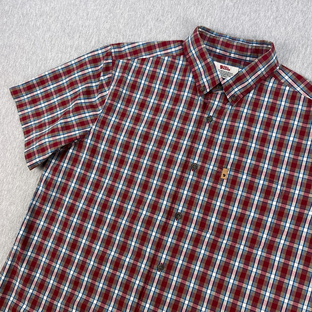 Fjällräven Övik Travel Short Sleeve Shirt Mens XL Red Plaid Button-Down